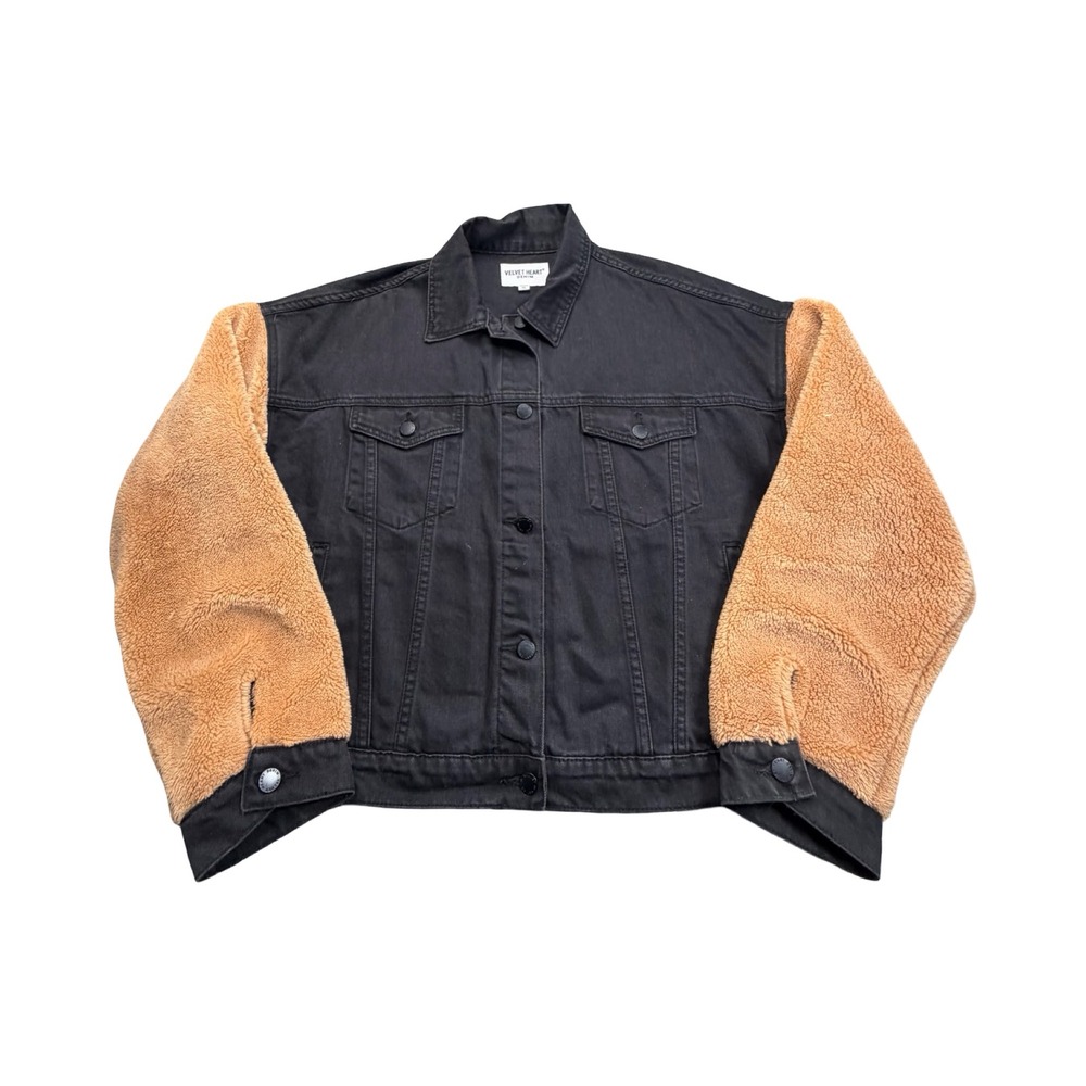 Velvet Heart Denim Jacket Womens L Black Tan Faux Shearling Sleeve Mixed Media